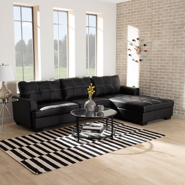 Baxton Studio Dobson Black Leather Sectional Sofa with White